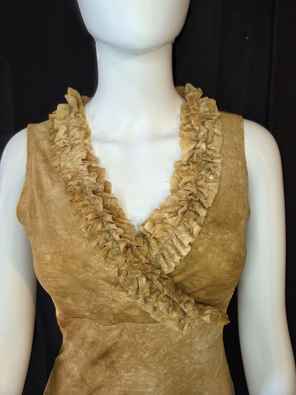 Vintage Y2K Rave Ruffle V-Neck Sleeveless Mini Dress Tan Brown Grunge Boho S - Picture 3 of 12